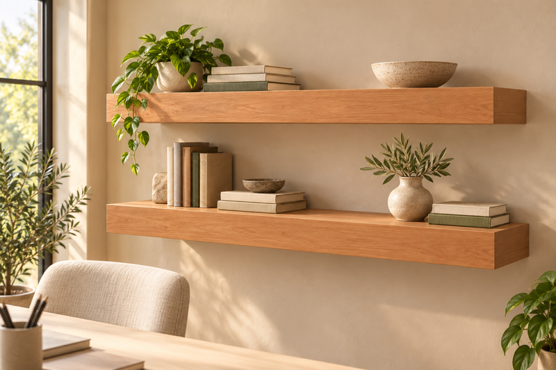 Representative lifestyle rendering of Clear Alder floating shelves mounted in a furnished home. Shelves sold individually.