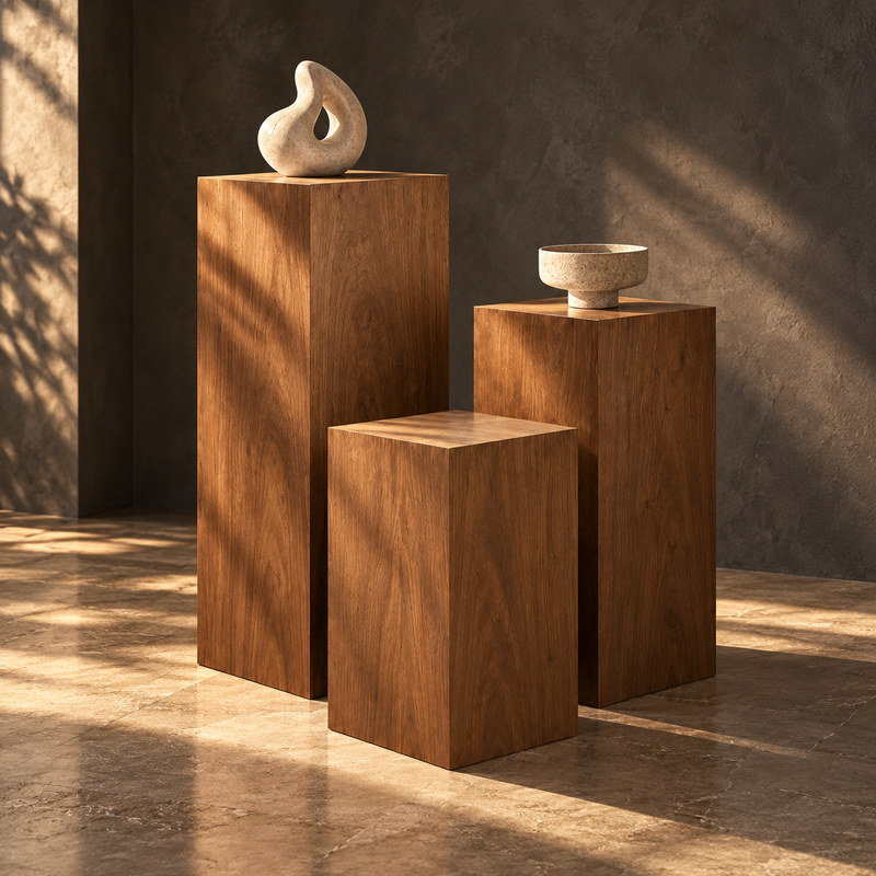 Three walnut display pedestals in dramatic gallery light with sculptural objects