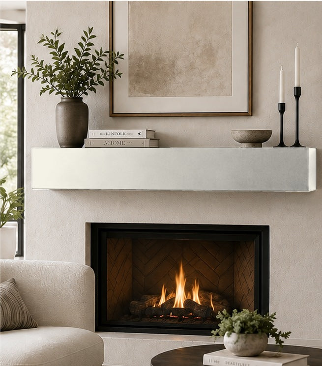 Painted fireplace mantel in Alabaster, SW 7008 — illustrative color preview.
