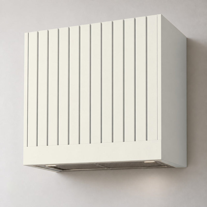 Reed range hood enclosure in Alabaster, SW 7008 — illustrative painted finish concept.