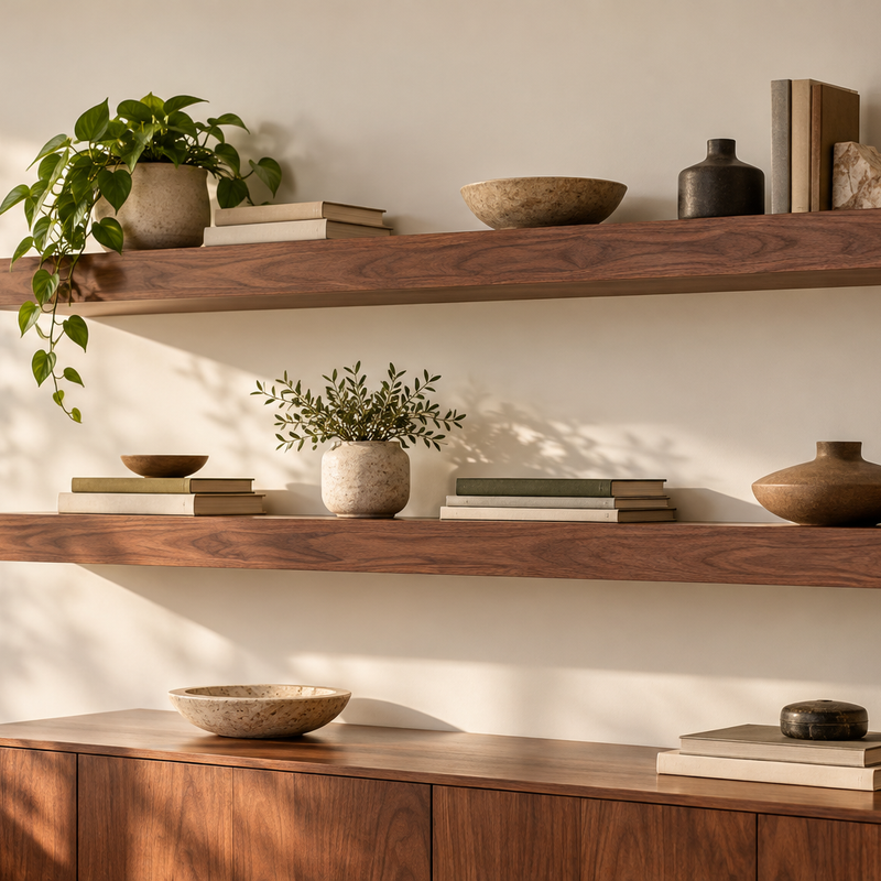 Two standard-mount walnut veneer floating shelves with both ends exposed in a warm living room concept