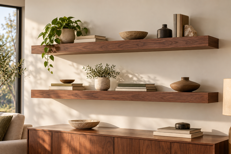 Two standard-mount walnut veneer floating shelves with both ends exposed in a warm living room concept