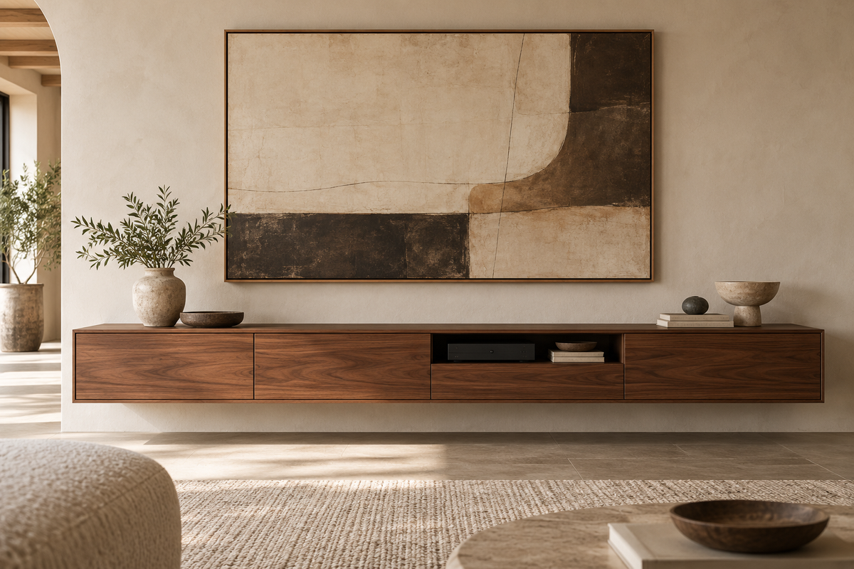 Long walnut wall-mounted media console with storage and an open equipment bay — design concept