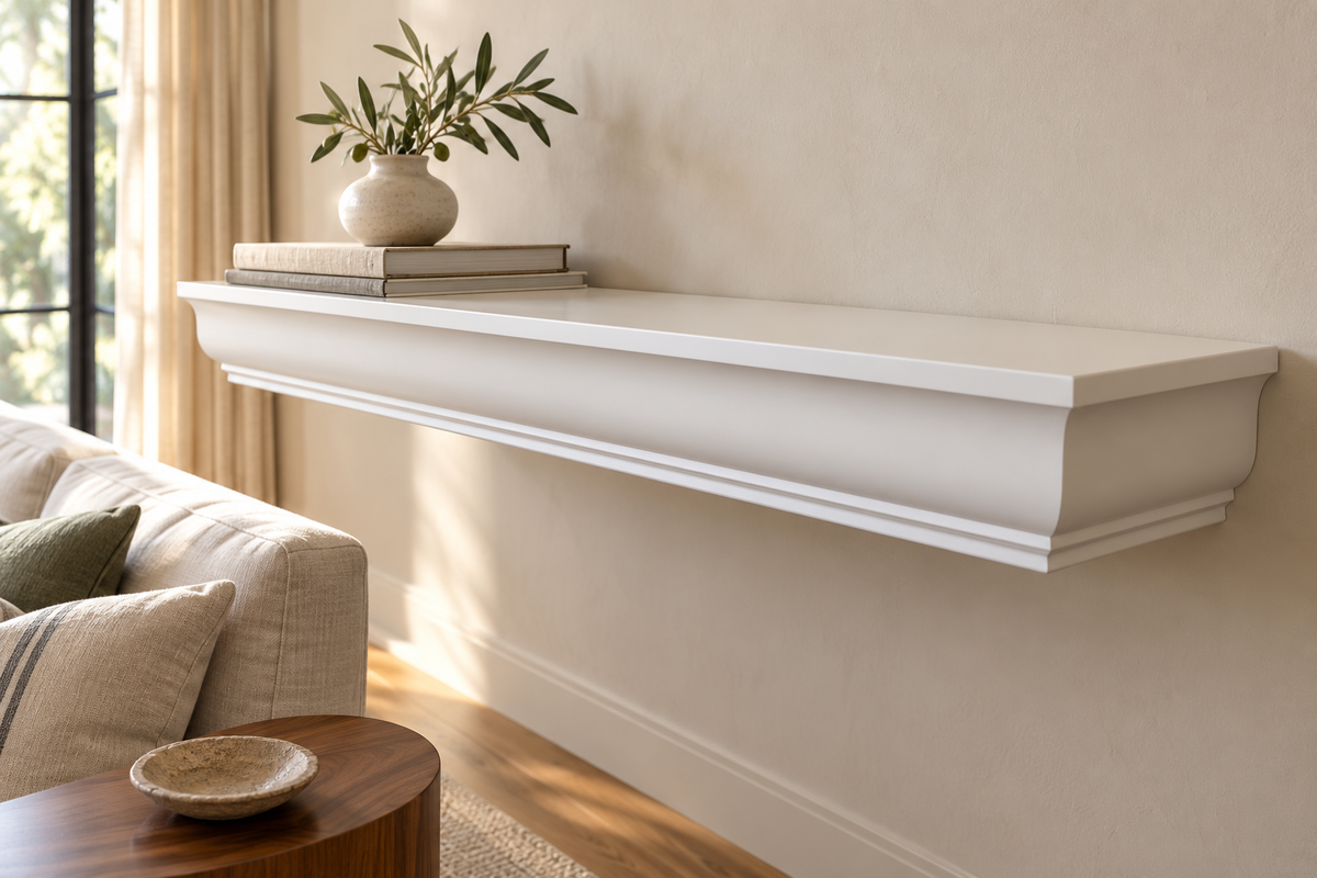Preview rendering of a white painted traditional crown-molding floating shelf with concealed mounting in a warm living room.