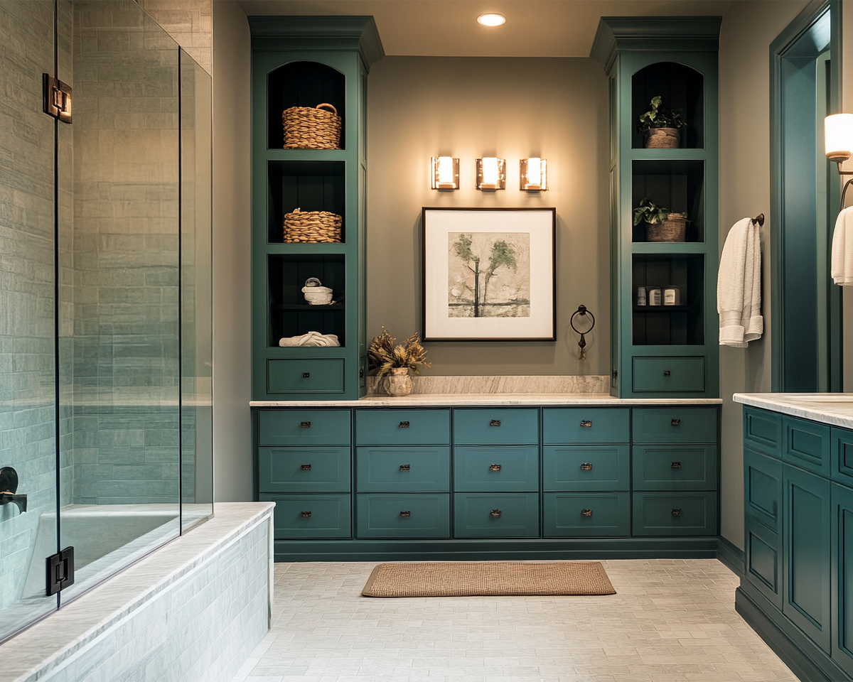 Blue-green bathroom cabinetry with tall open shelving beside a glass shower