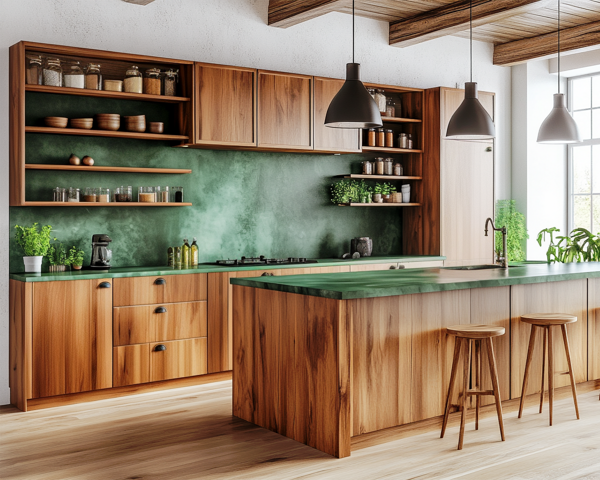 Wood kitchen cabinets and island with a green backsplash and open shelves
