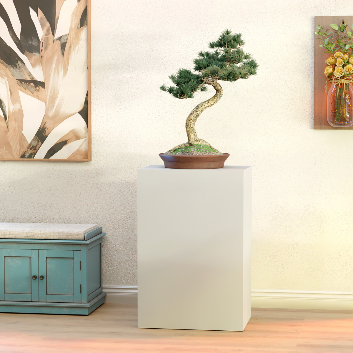 Gray rectangular display pedestal displaying a bonsai tree in a living room