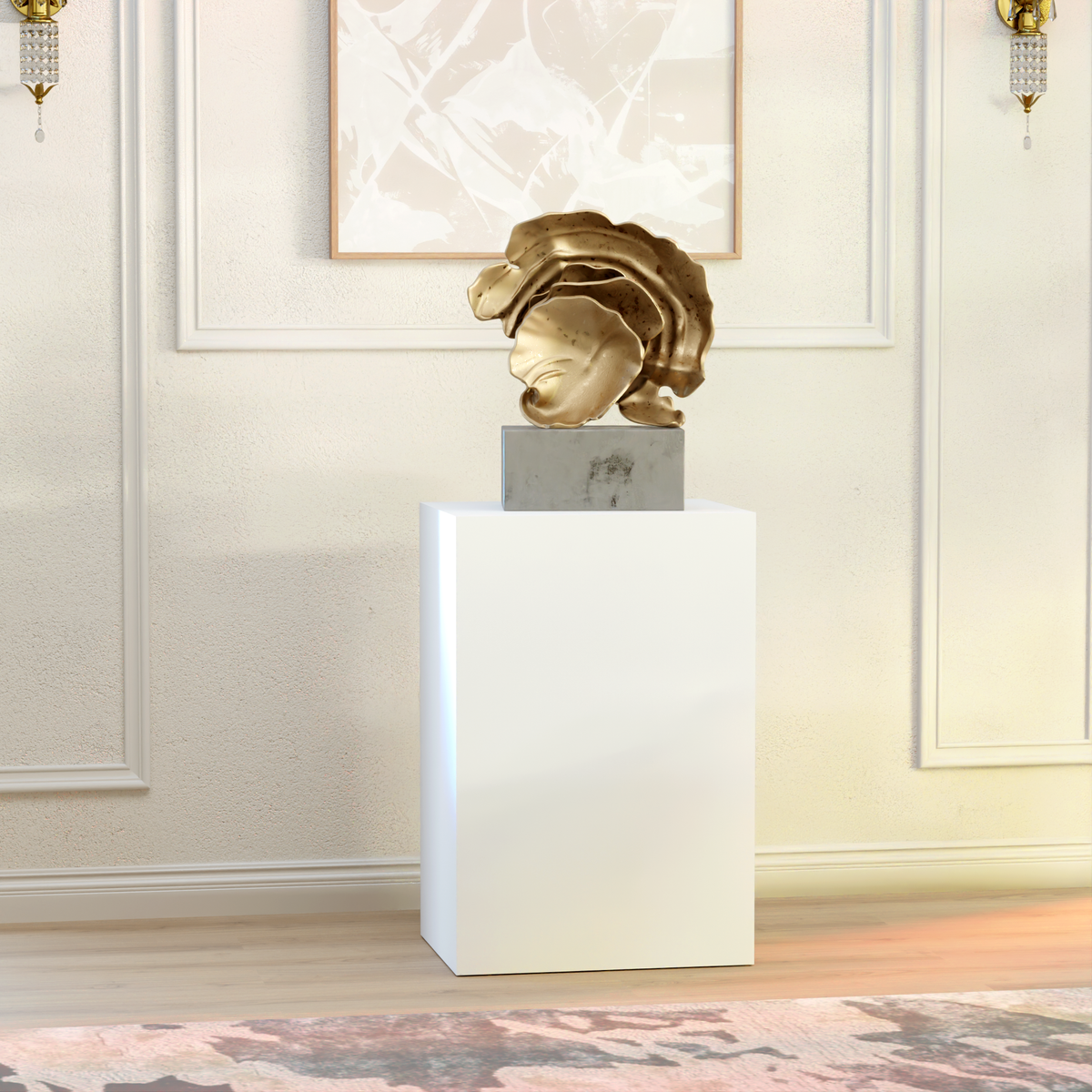 White rectangular display pedestal presenting a sculpture in a paneled interior