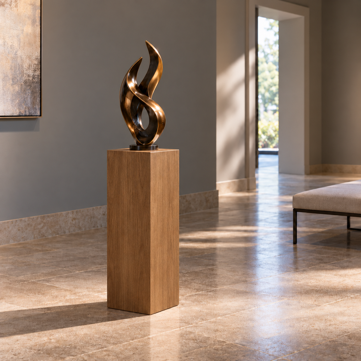 Titan Clear Alder display pedestal, 11 × 11 × 30 inches, Rubio Monocoat Walnut, styled in a gallery. Illustrative room scene; artwork not included.