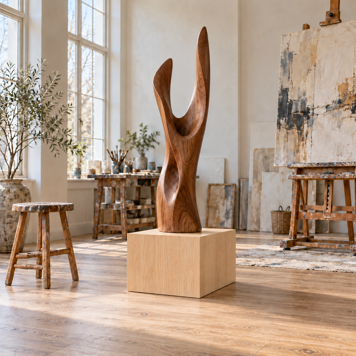 Titan Clear Alder display pedestal, 12 × 16 × 12 inches, Unfinished / Stain Ready, in a studio setting. Illustrative room scene; artwork not included.