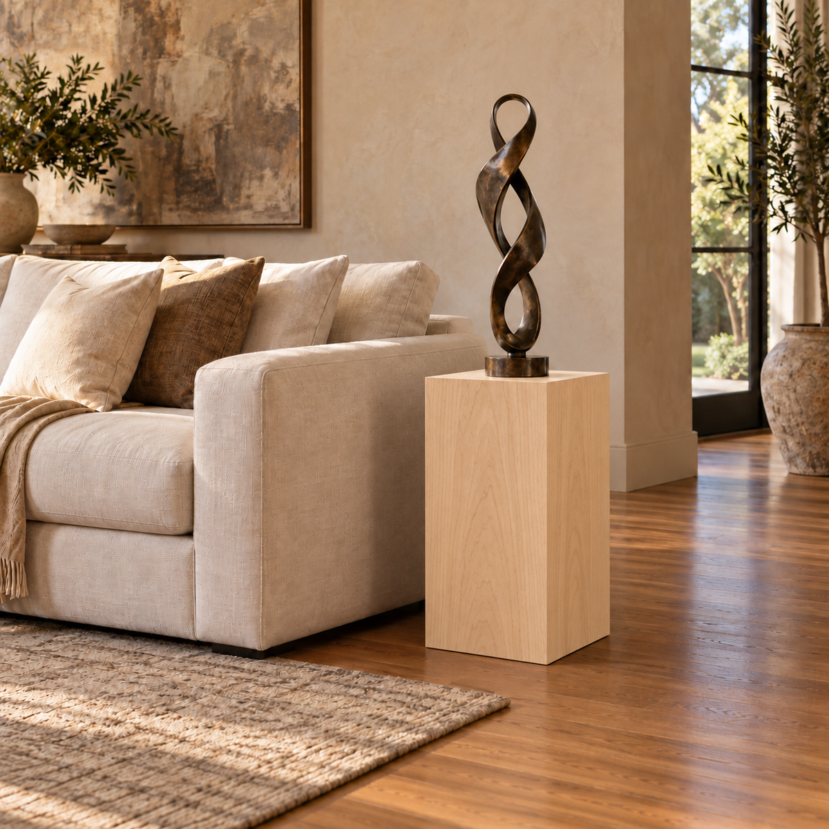 Titan Clear Alder display pedestal, 12 × 16 × 24 inches, Unfinished / Stain Ready, in a living setting. Illustrative room scene; artwork not included.