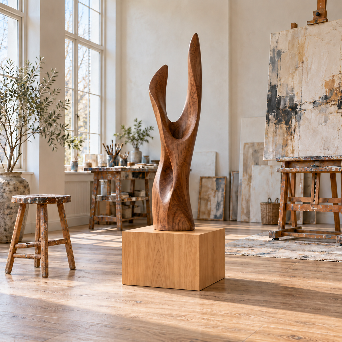 Titan Clear Alder display pedestal, 16 × 16 × 12 inches, Rubio Monocoat Pure, in a studio setting. Illustrative room scene; artwork not included.