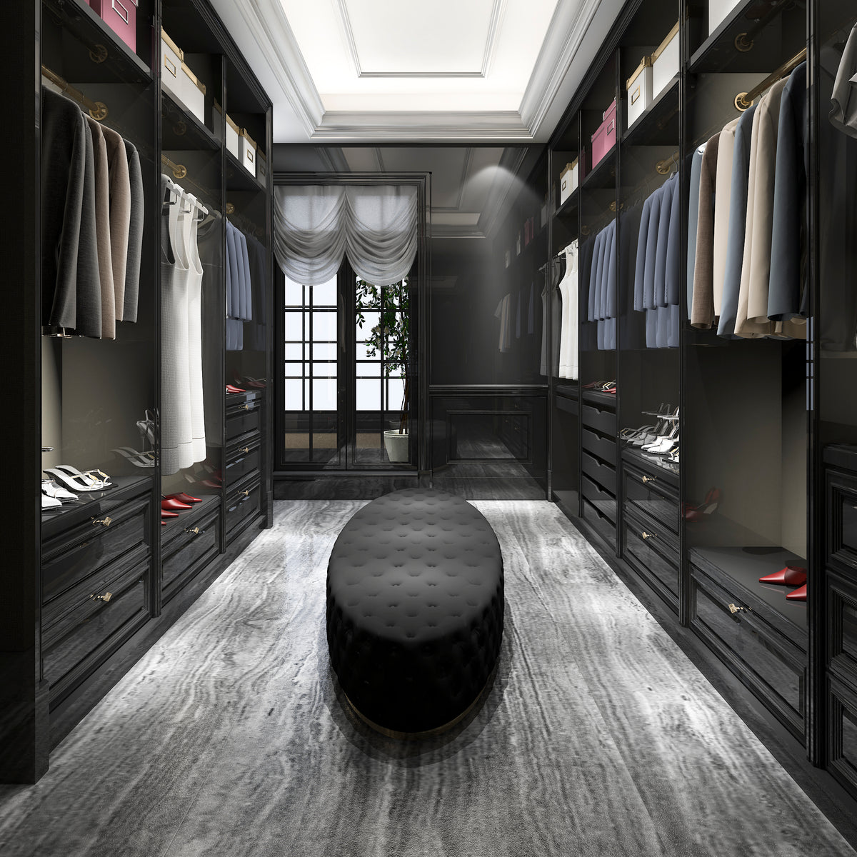 Dark walk-in closet with full-height cabinetry and a central upholstered bench