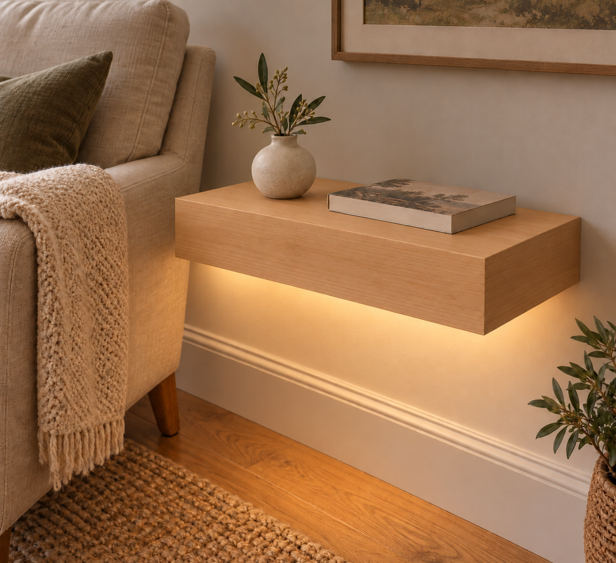 Natural Clear Alder floating shelf — Bottom Front LED-ready — Rubio Monocoat Pure