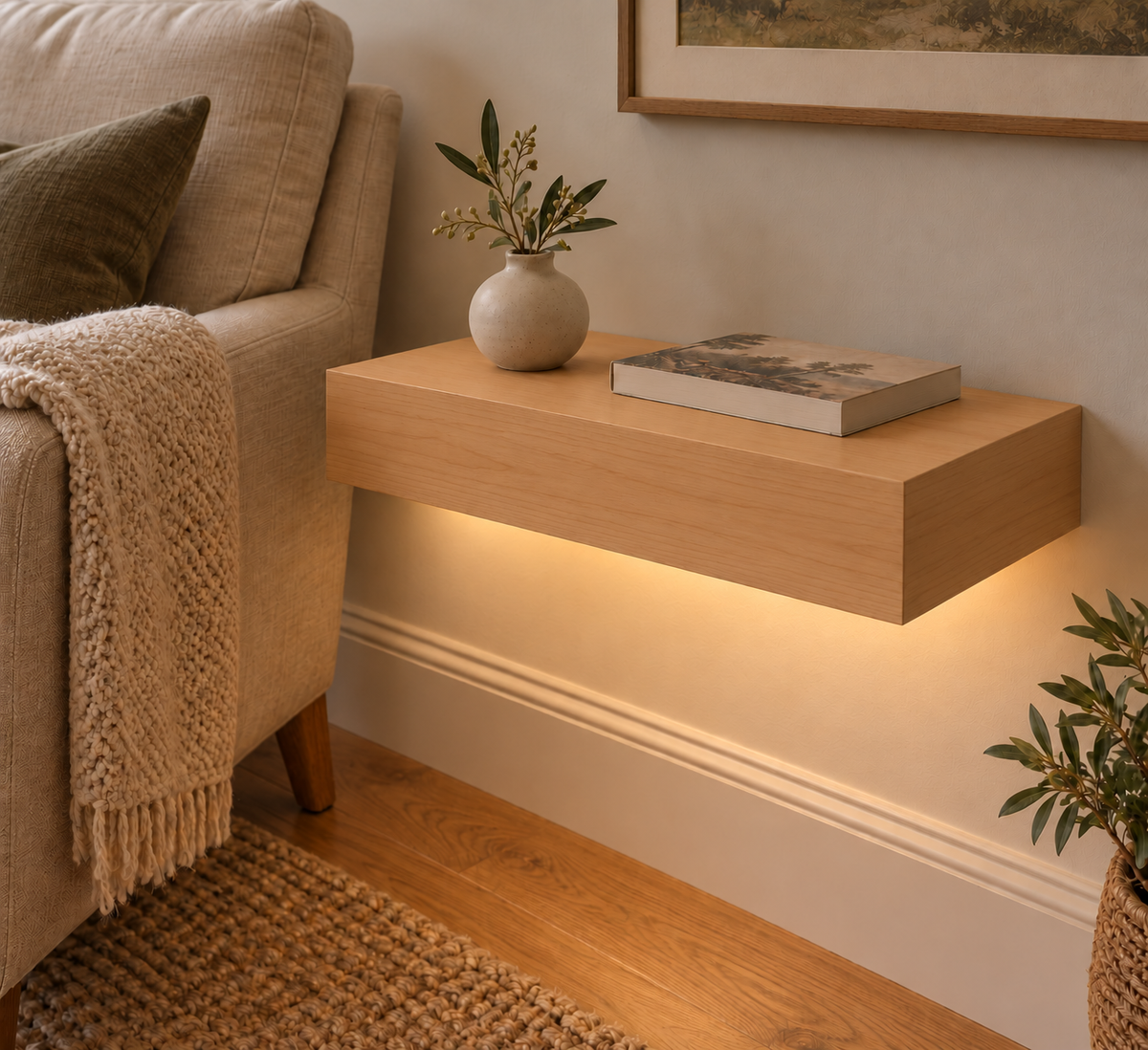 Natural Clear Alder floating shelf — Bottom Rear LED-ready — Rubio Monocoat Pure