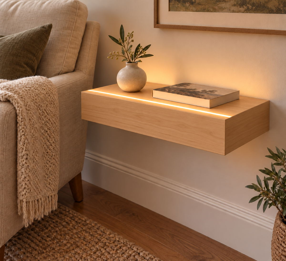 Natural Clear Alder floating shelf — Top Front LED-ready — Rubio Monocoat Pure