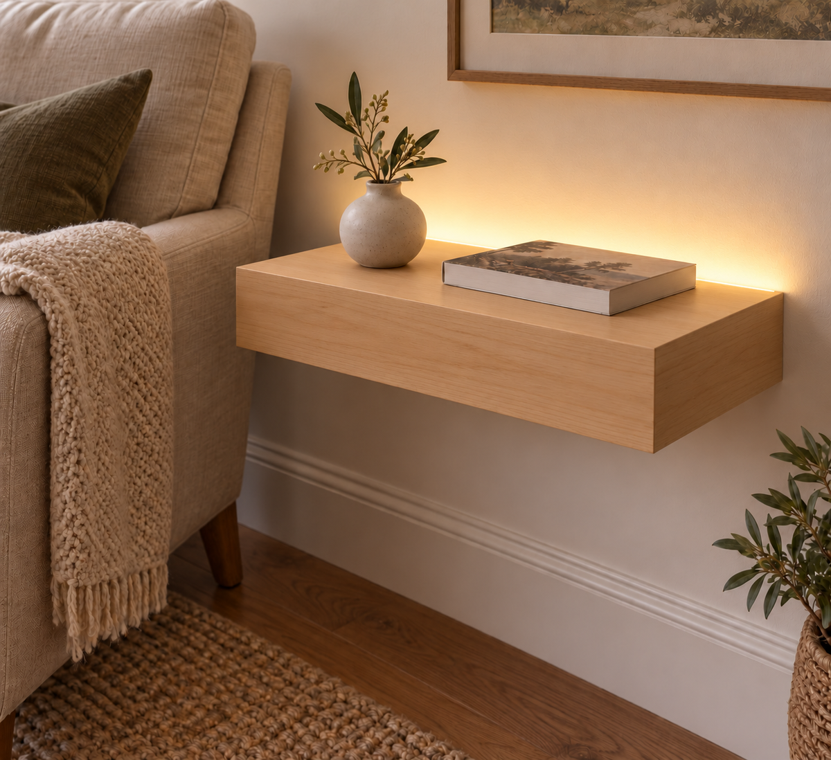 Natural Clear Alder floating shelf — Top Rear LED-ready — Rubio Monocoat Pure