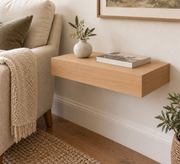 18-inch long, 3-inch thick natural clear alder floating shelf, standard mount, unlit living-room rendering