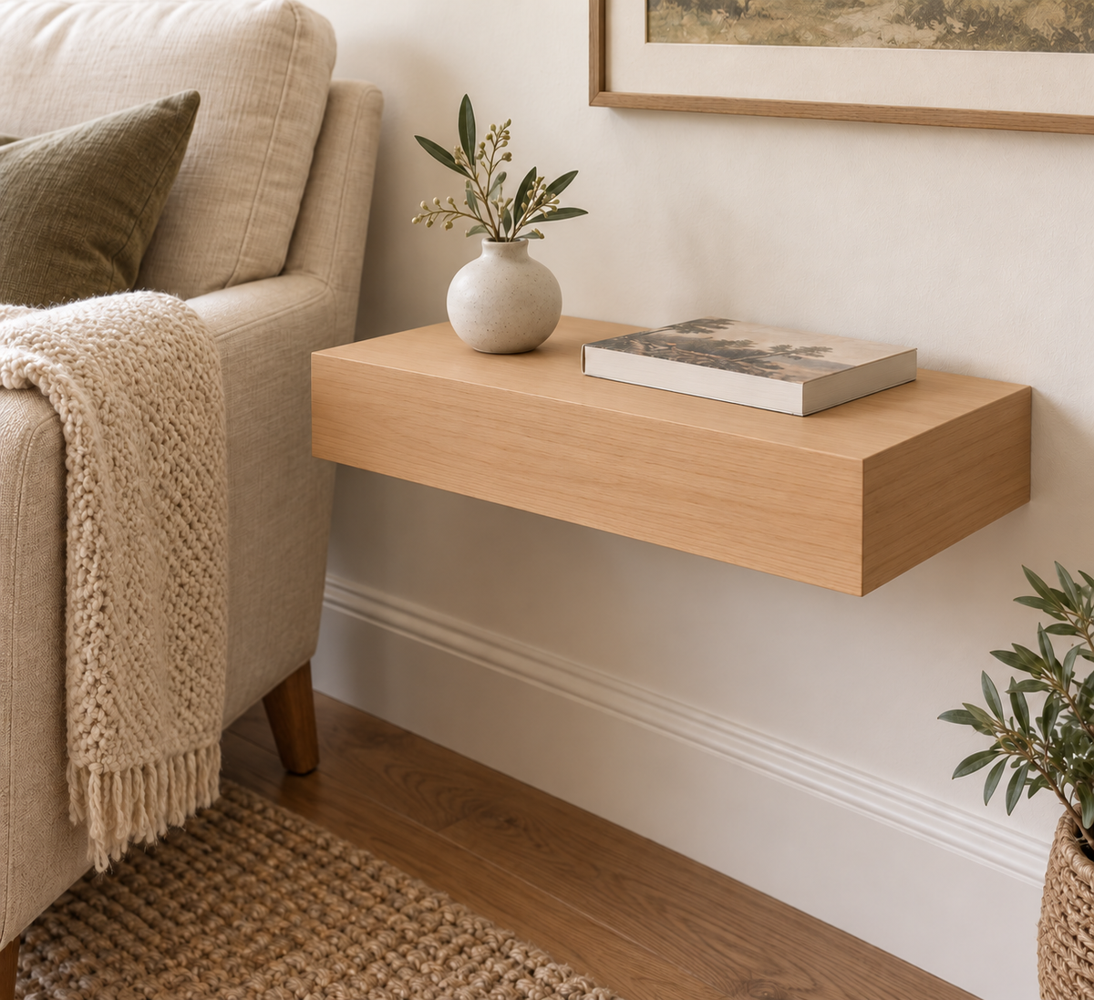 18-inch long, 3-inch thick natural clear alder floating shelf, standard mount, unlit living-room rendering