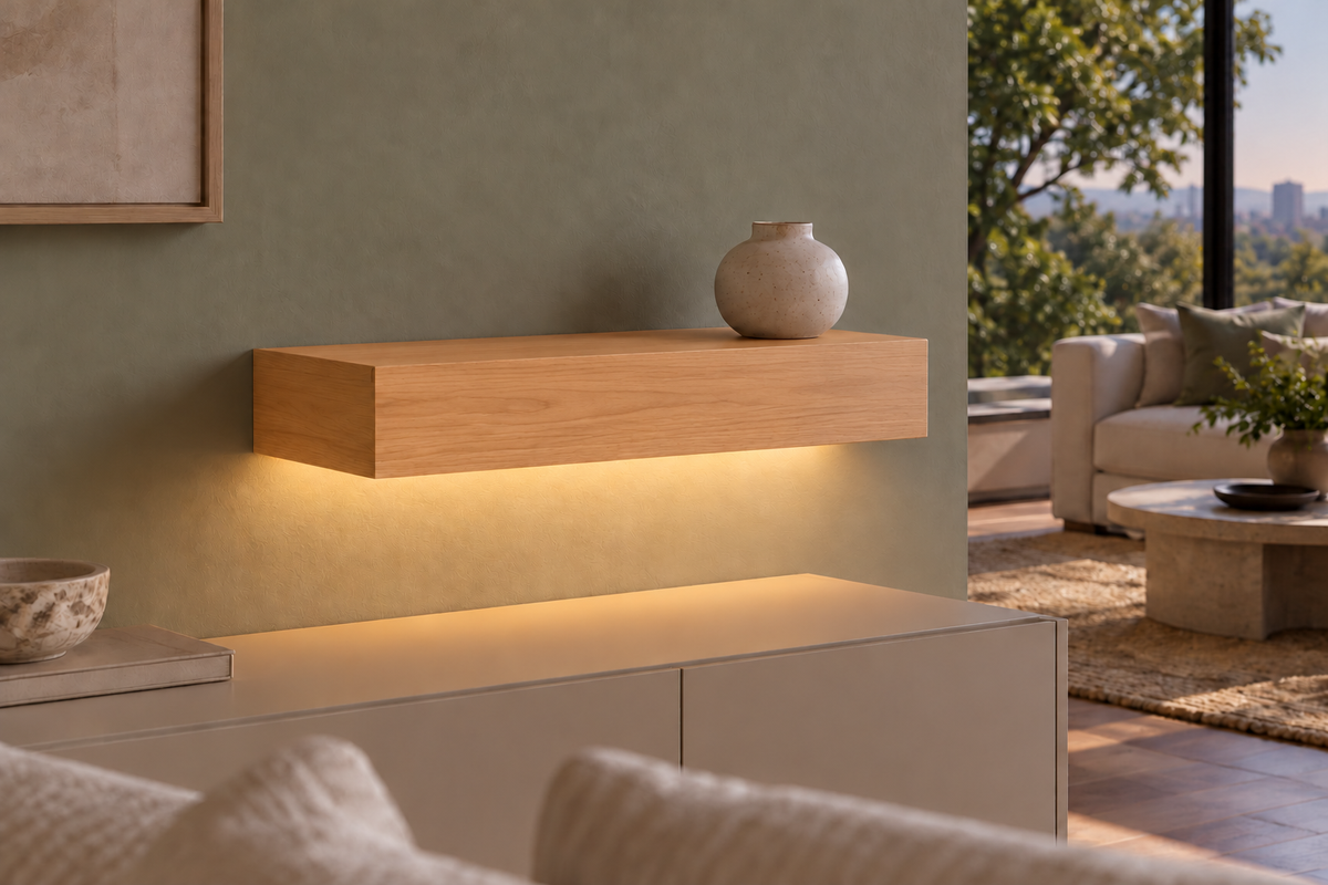 Natural Clear Alder floating shelf — Bottom Front LED-ready — Rubio Monocoat Pure
