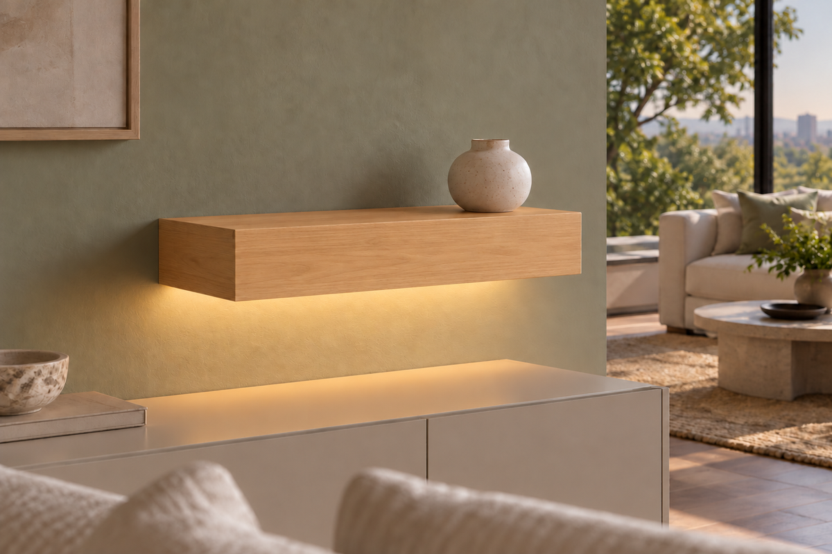 Natural Clear Alder floating shelf — Bottom Rear LED-ready — Rubio Monocoat Pure