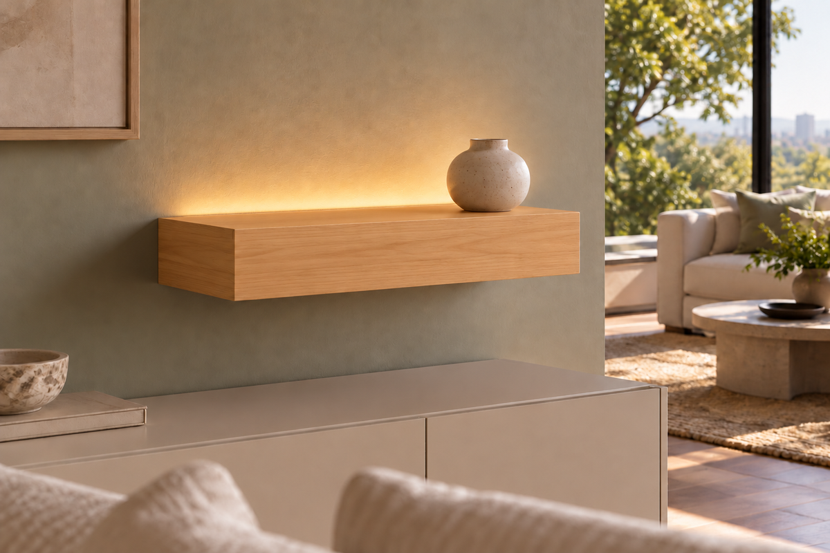 Natural Clear Alder floating shelf — Top Rear LED-ready — Rubio Monocoat Pure
