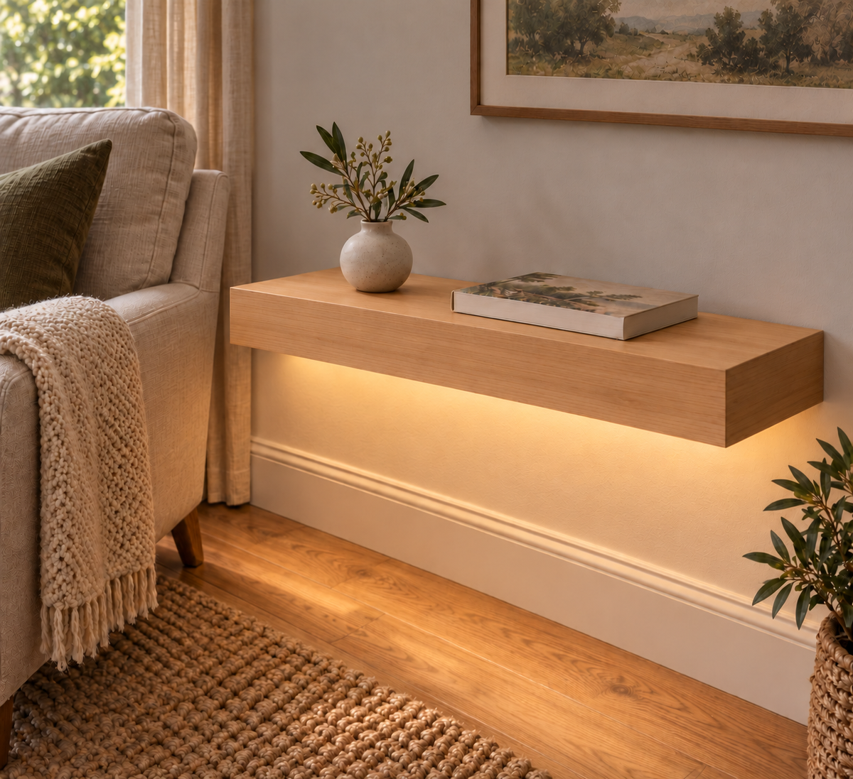 Natural Clear Alder floating shelf — Bottom Front LED-ready — Rubio Monocoat Pure