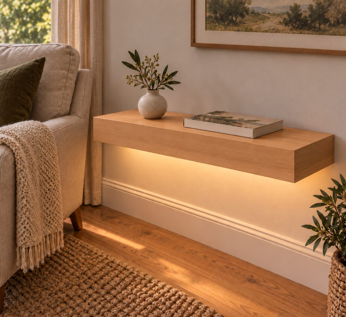 Natural Clear Alder floating shelf — Bottom Rear LED-ready — Rubio Monocoat Pure