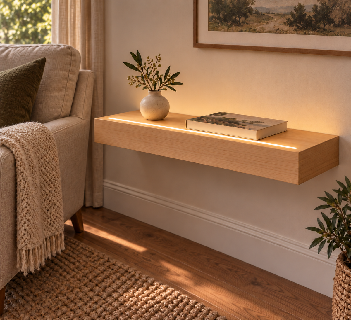 Natural Clear Alder floating shelf — Top Front LED-ready — Rubio Monocoat Pure