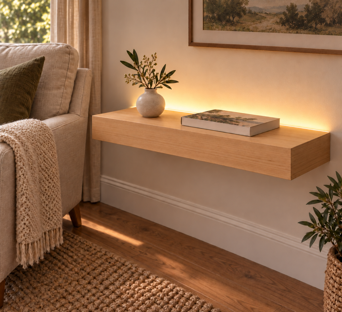 Natural Clear Alder floating shelf — Top Rear LED-ready — Rubio Monocoat Pure