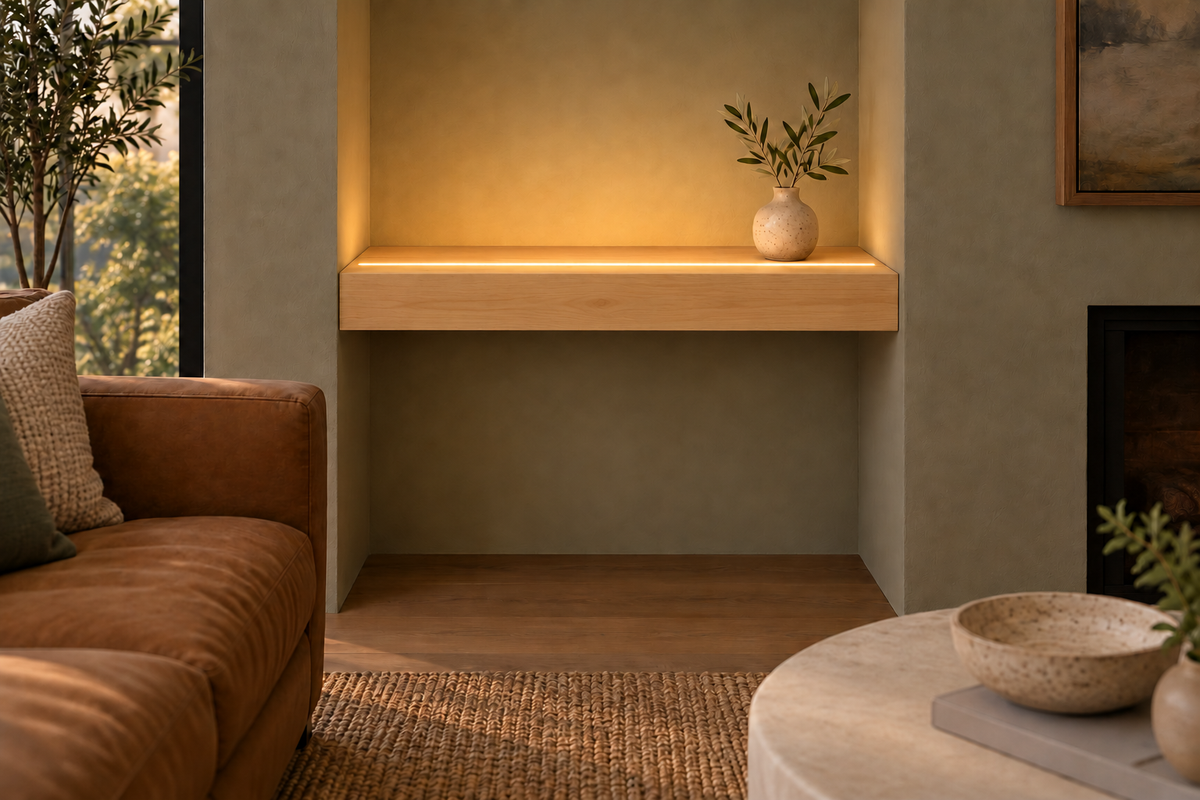 Natural Clear Alder floating shelf — Top Front LED-ready — Rubio Monocoat Pure