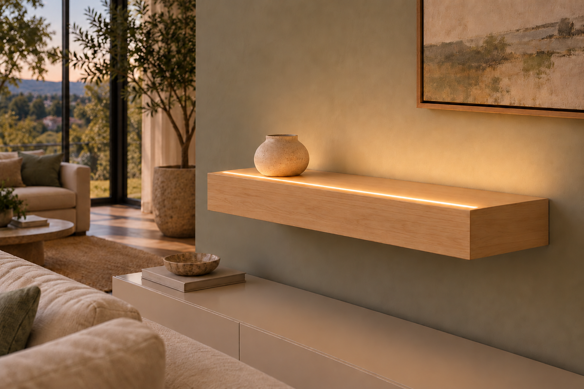 Natural Clear Alder floating shelf — Top Front LED-ready — Rubio Monocoat Pure