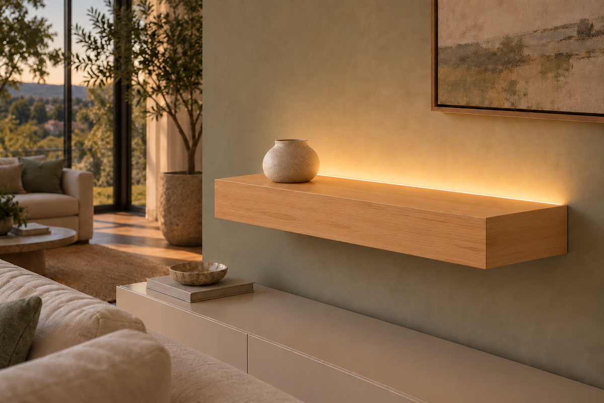 Natural Clear Alder floating shelf — Top Rear LED-ready — Rubio Monocoat Pure