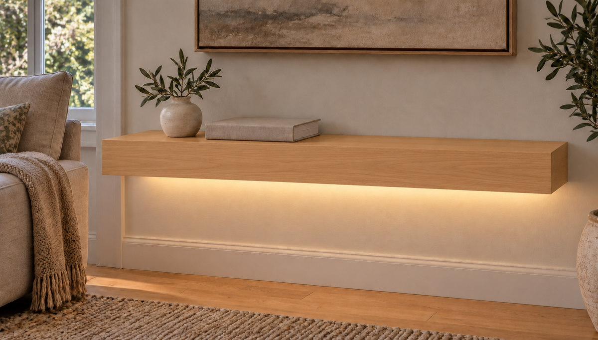 Natural Clear Alder floating shelf — Bottom Rear LED-ready — Rubio Monocoat Pure