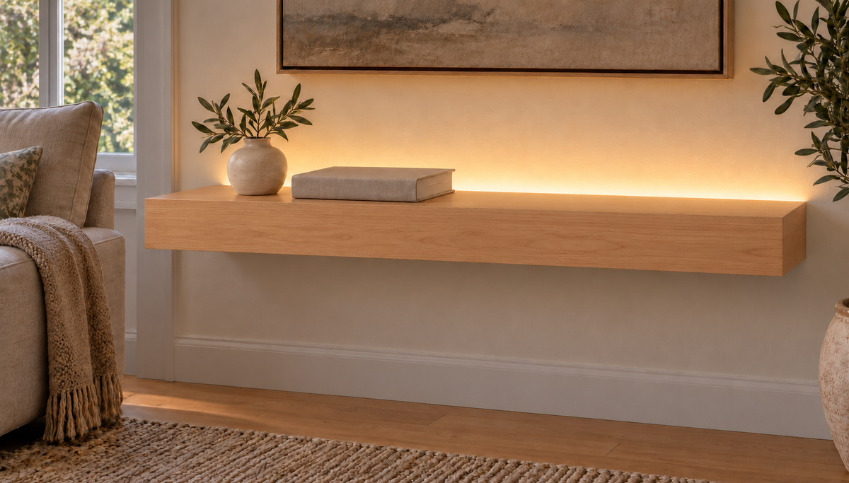 Natural Clear Alder floating shelf — Top Rear LED-ready — Rubio Monocoat Pure