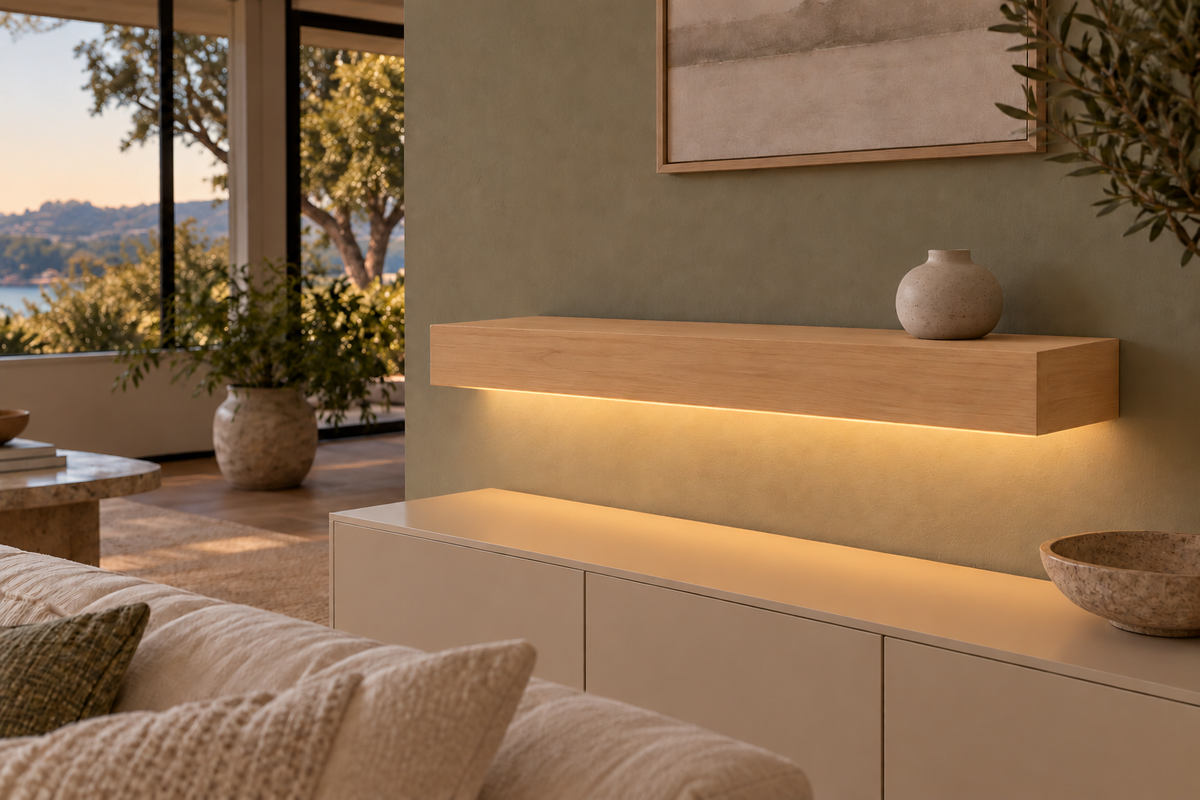 Natural Clear Alder floating shelf — Bottom Front LED-ready — Rubio Monocoat Pure