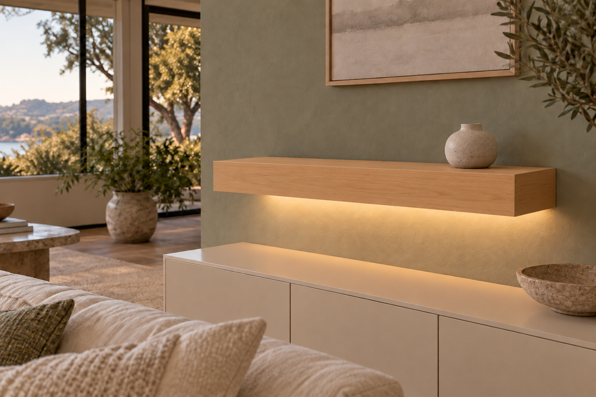 Natural Clear Alder floating shelf — Bottom Rear LED-ready — Rubio Monocoat Pure