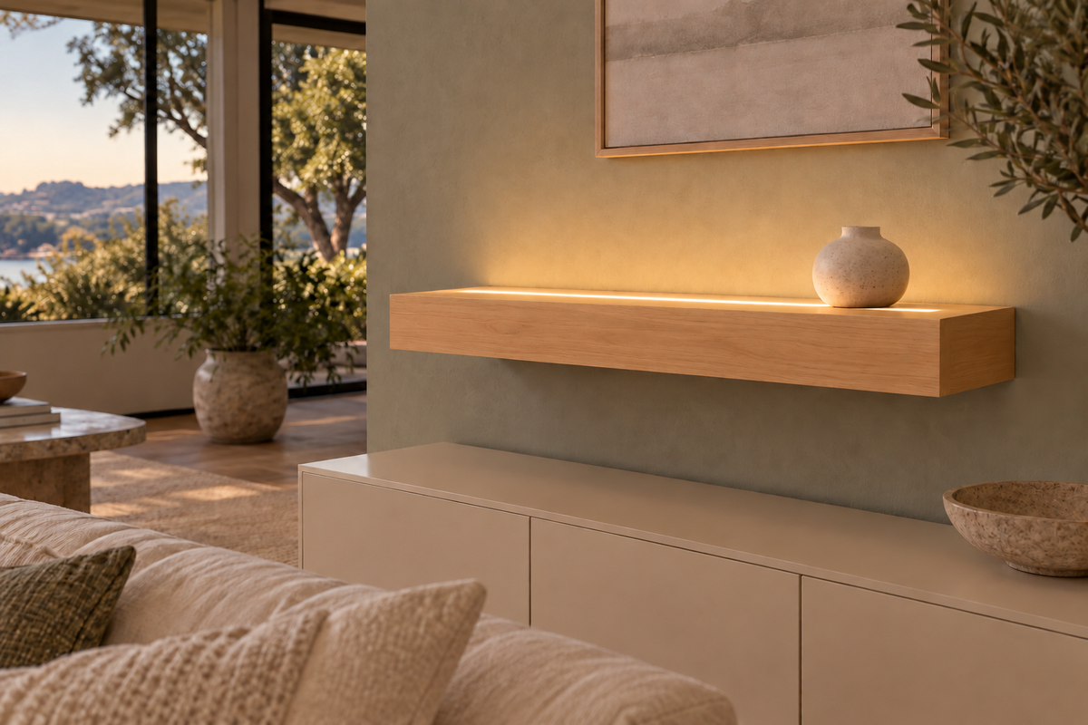 Natural Clear Alder floating shelf — Top Front LED-ready — Rubio Monocoat Pure