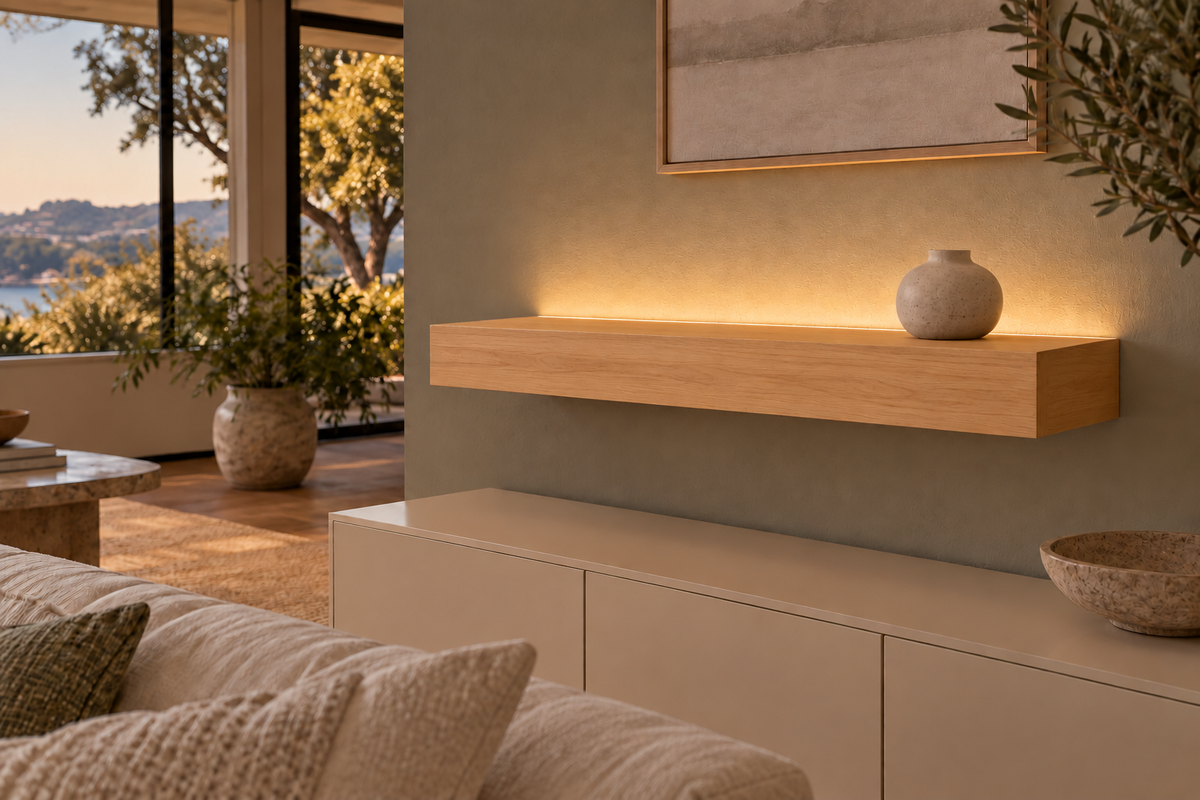 Natural Clear Alder floating shelf — Top Rear LED-ready — Rubio Monocoat Pure