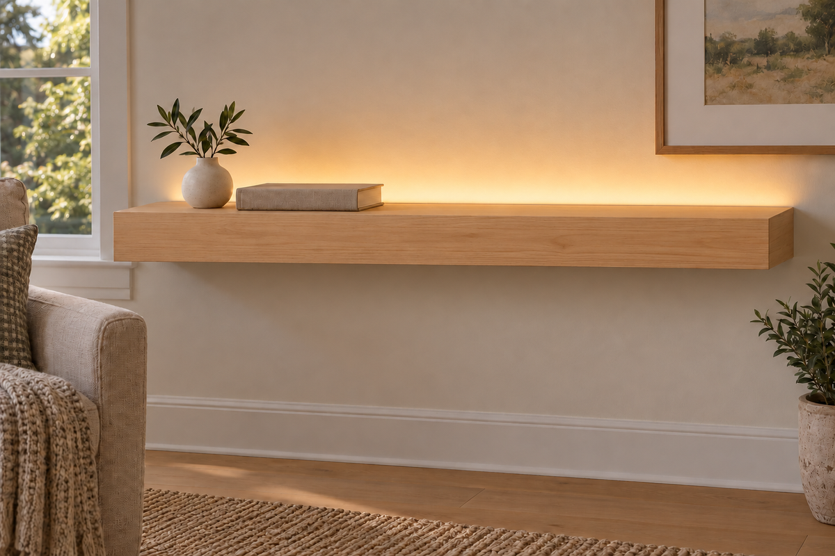 Natural Clear Alder floating shelf — Top Rear LED-ready — Rubio Monocoat Pure