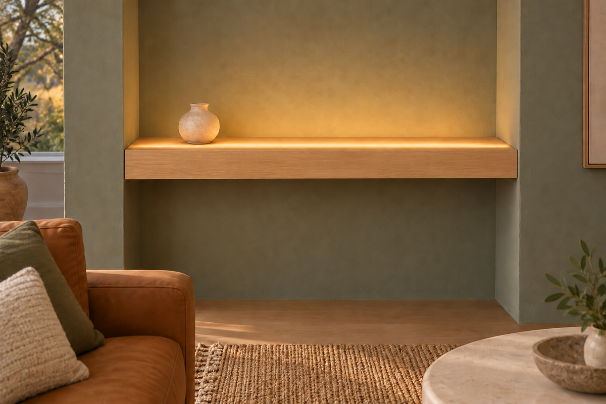 Natural Clear Alder floating shelf — Top Front LED-ready — Rubio Monocoat Pure