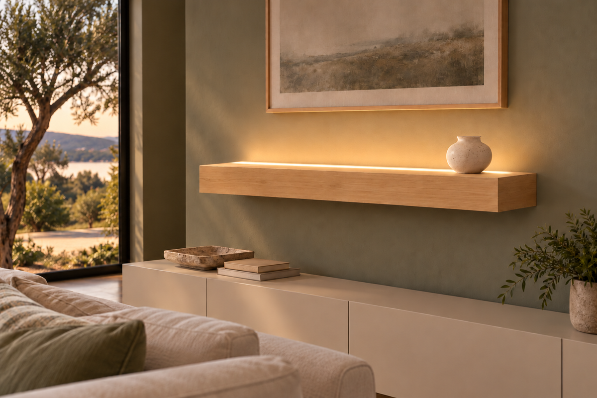 Natural Clear Alder floating shelf — Top Front LED-ready — Rubio Monocoat Pure