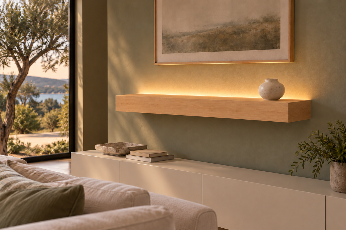 Natural Clear Alder floating shelf — Top Rear LED-ready — Rubio Monocoat Pure