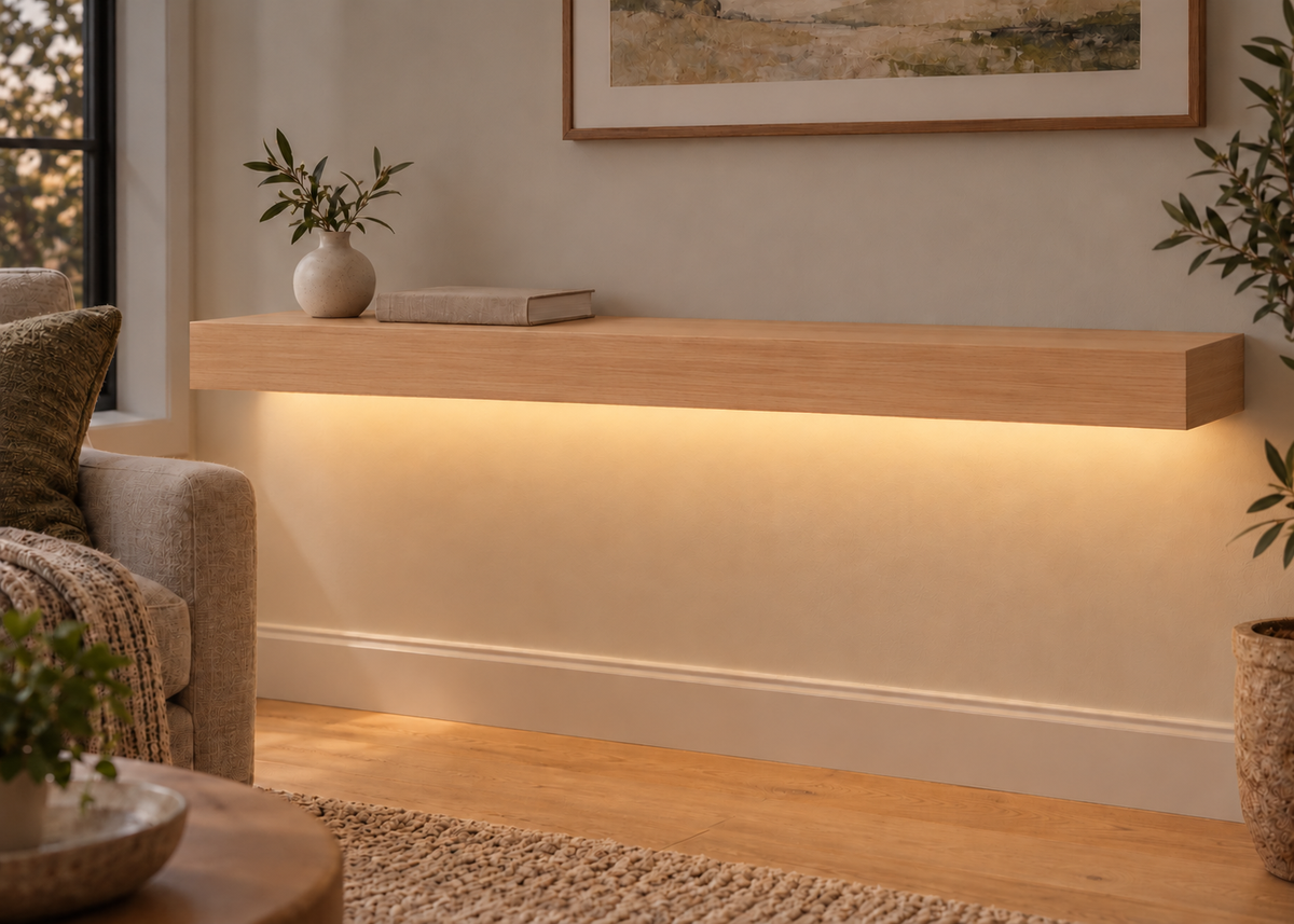 Natural Clear Alder floating shelf — Bottom Front LED-ready — Rubio Monocoat Pure