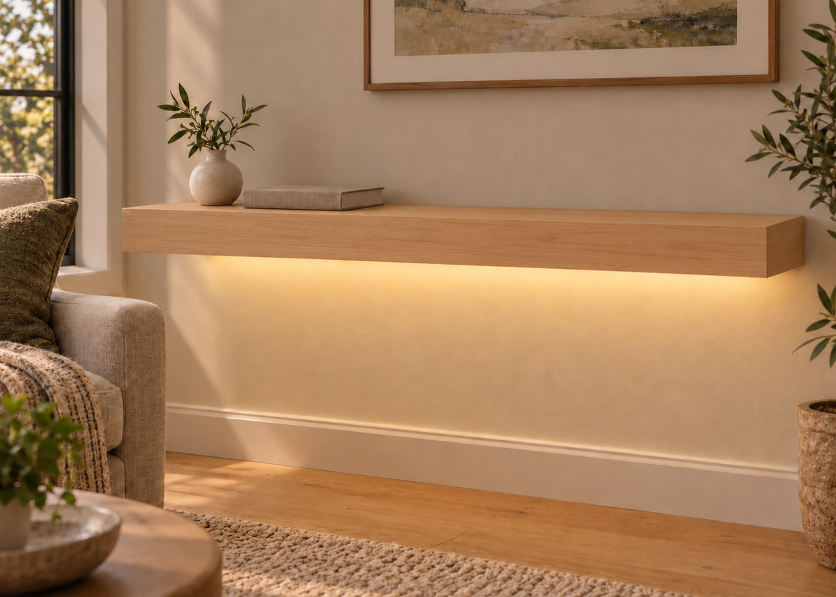 Natural Clear Alder floating shelf — Bottom Rear LED-ready — Rubio Monocoat Pure