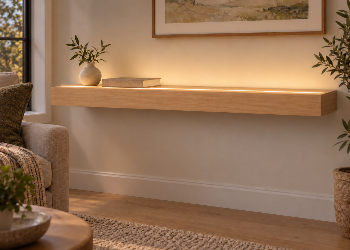 Natural Clear Alder floating shelf — Top Front LED-ready — Rubio Monocoat Pure