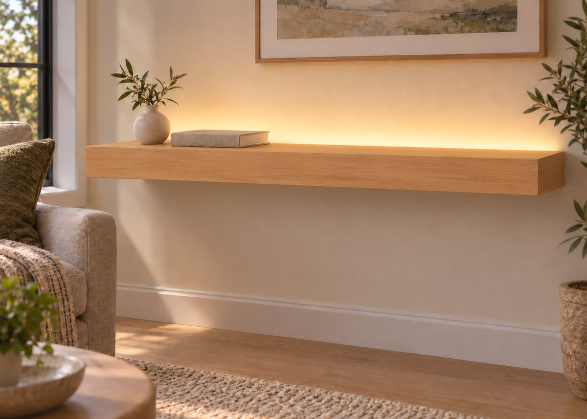 Natural Clear Alder floating shelf — Top Rear LED-ready — Rubio Monocoat Pure