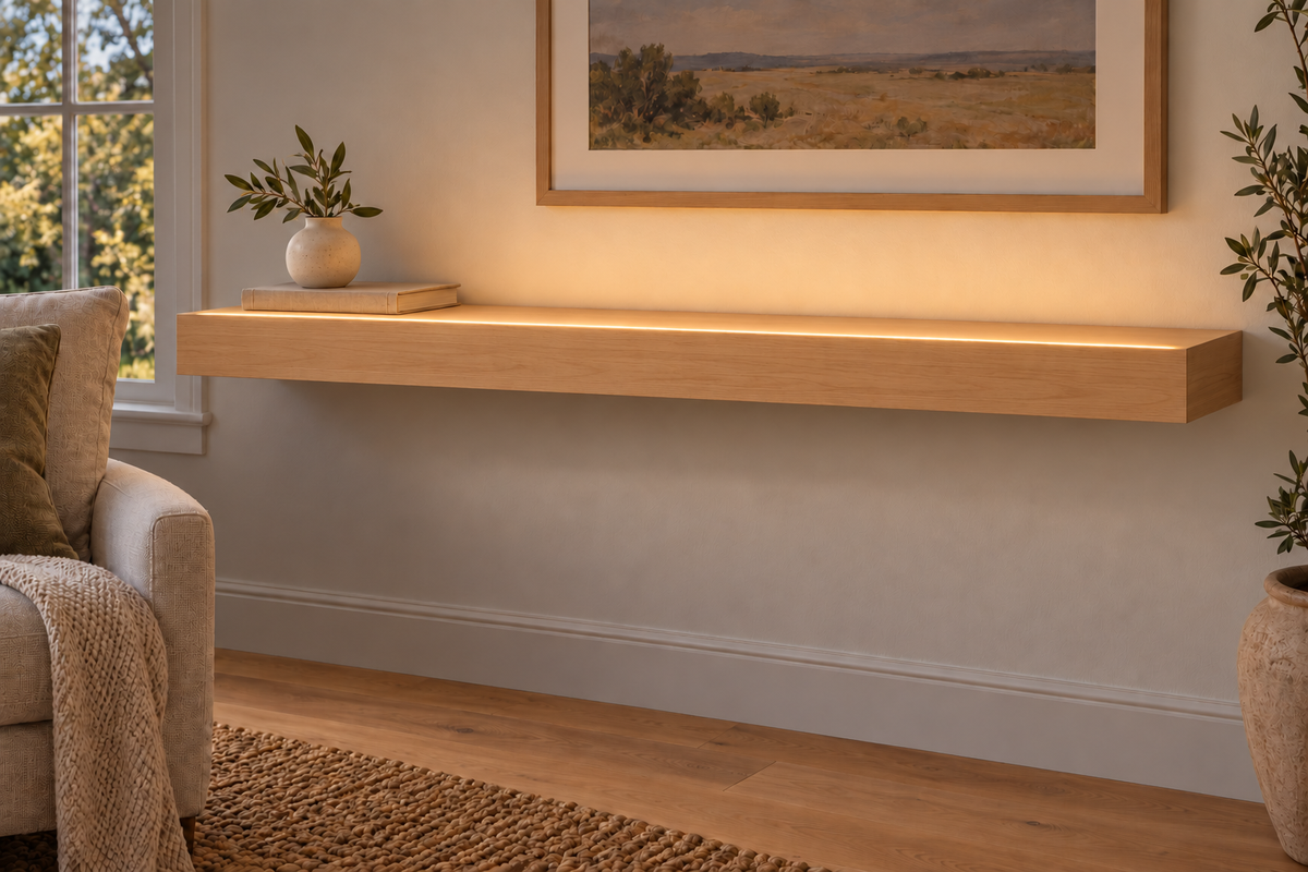 Natural Clear Alder floating shelf — Top Front LED-ready — Rubio Monocoat Pure