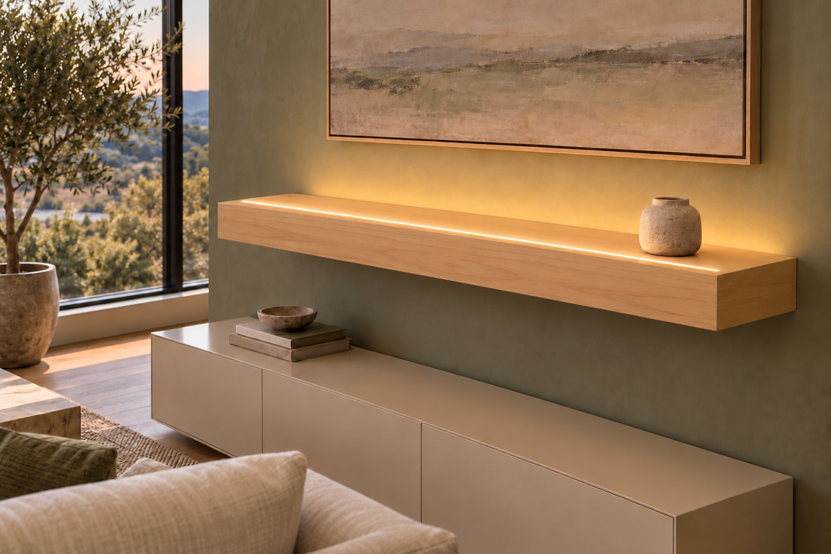 Natural Clear Alder floating shelf — Top Front LED-ready — Rubio Monocoat Pure