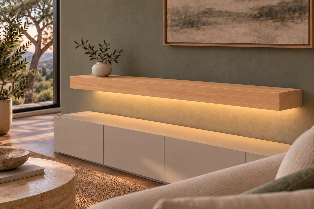 Natural Clear Alder floating shelf — Bottom Rear LED-ready — Rubio Monocoat Pure